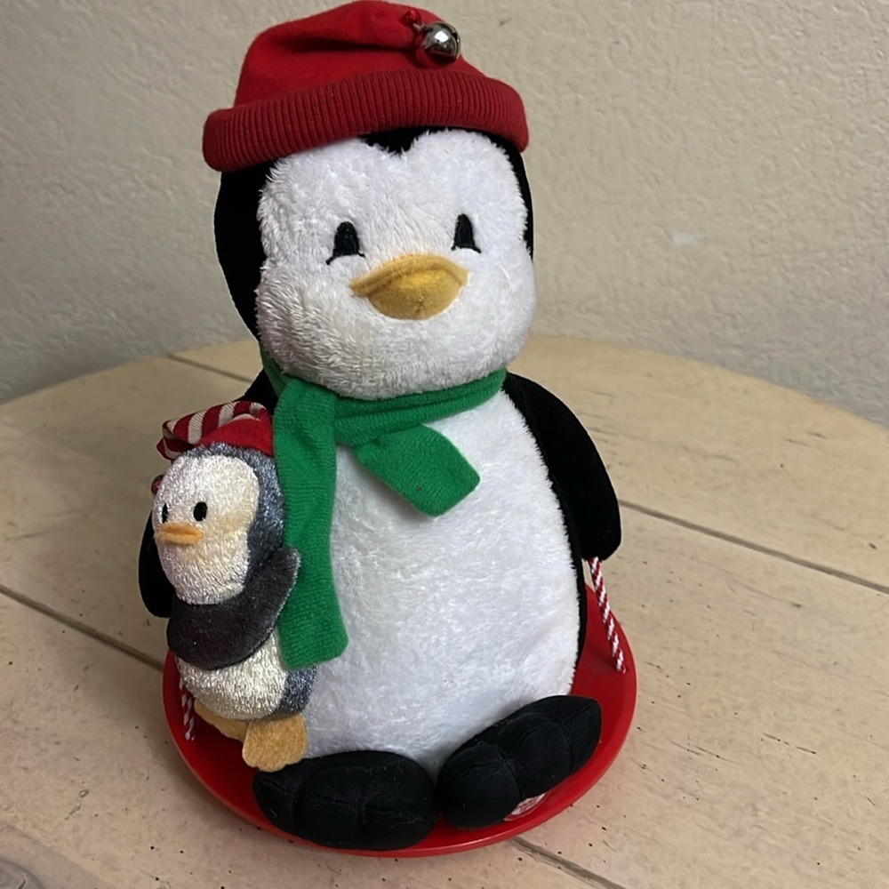 Holiday Penguin Plush Sledding Duo with Jingle Bells Red Saucer Sled Decor